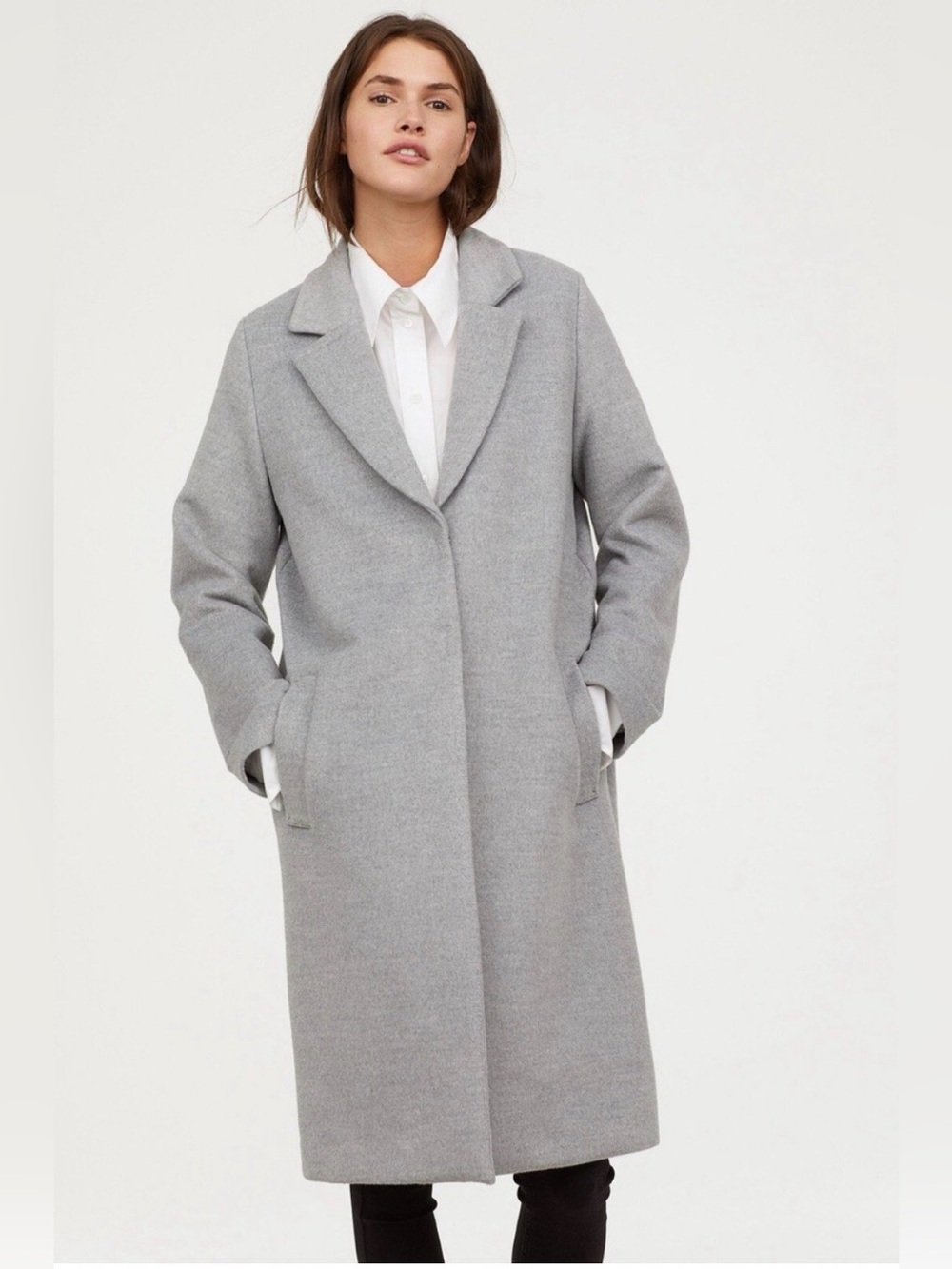 H&M Light Grey Tailored Long Trench Felted Coat Size 6 (will fit larger)